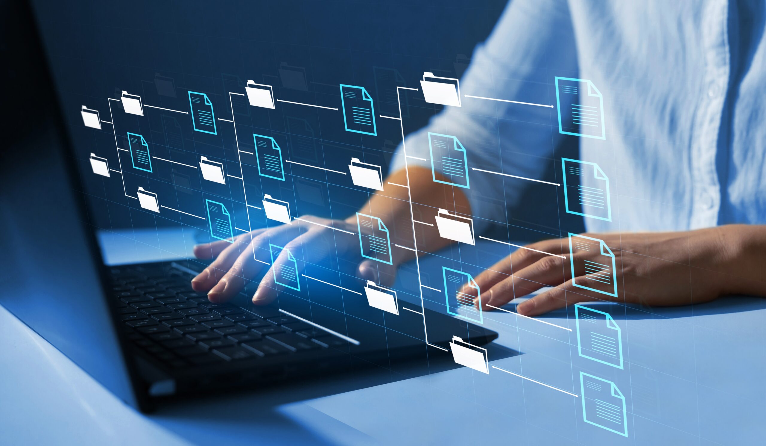 A user interacting with a laptop, surrounded by virtual file icons, illustrating digital organization and data management concepts.