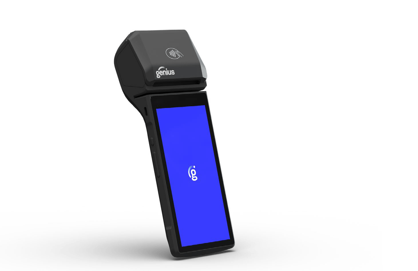 Handheld payment device with a bright blue screen, designed for contactless transactions, showcasing modern payment technology.