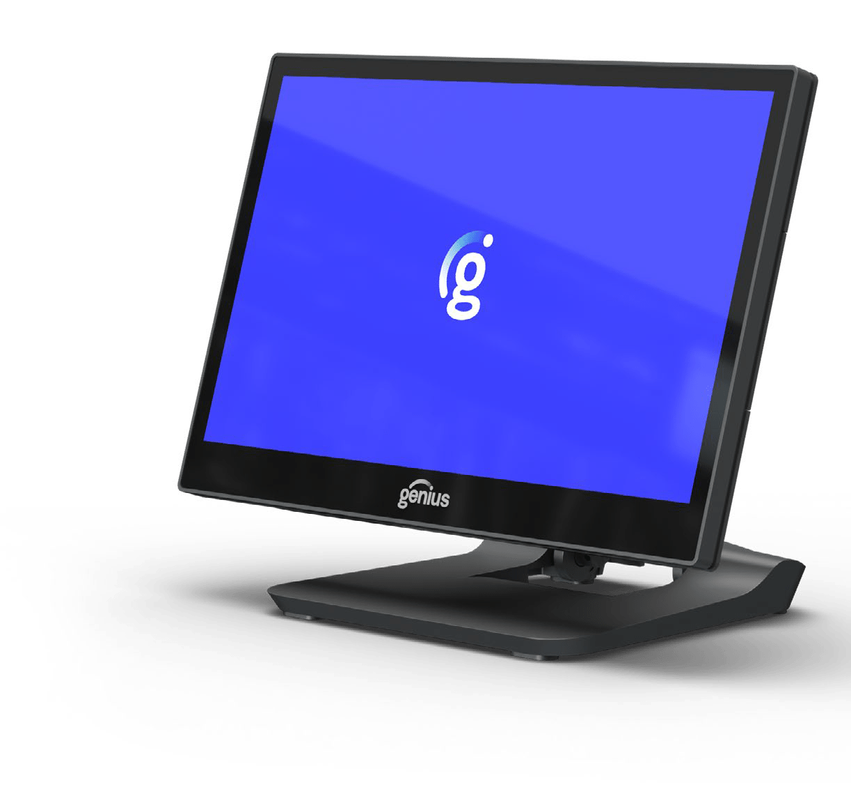 Genius monitor displaying a blue screen with the "g" logo, positioned on a sleek black stand. Suitable for tech or product showcases.