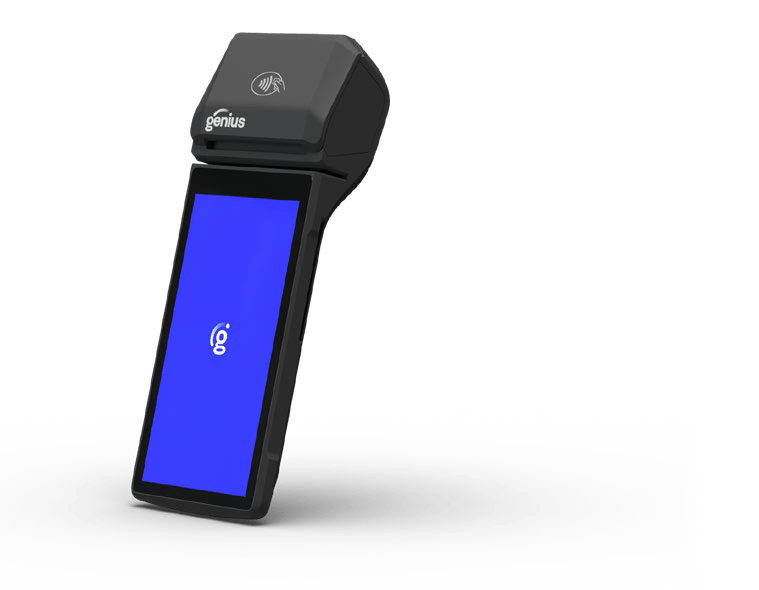 Portable payment device with a touchscreen displaying a blue screen and the logo "genius," meant for secure transactions.