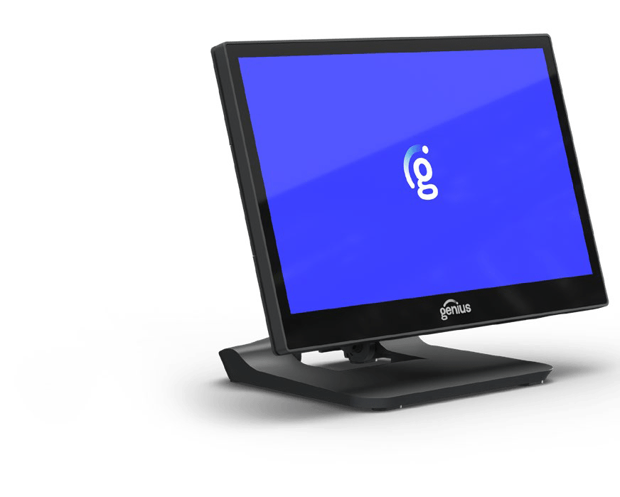 A sleek computer monitor displays a blue screen with the Genius logo, highlighting the device's modern design and digital functionality.