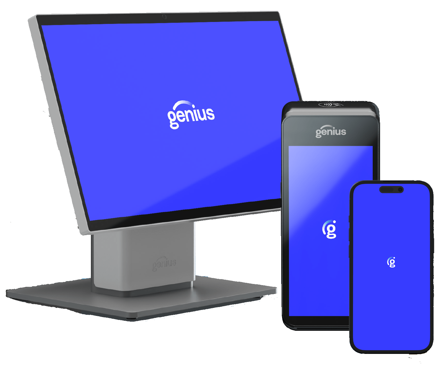 Modern computer monitor and two smartphones displaying the "genius" logo on a vibrant blue background, showcasing a tech brand's digital presence.