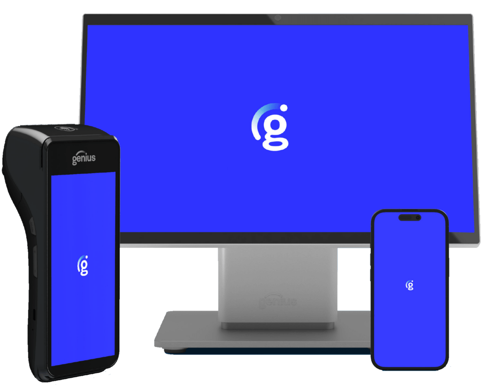 Genius technology displayed on a tablet, computer monitor, and smartphone, featuring a blue background with a prominent logo.