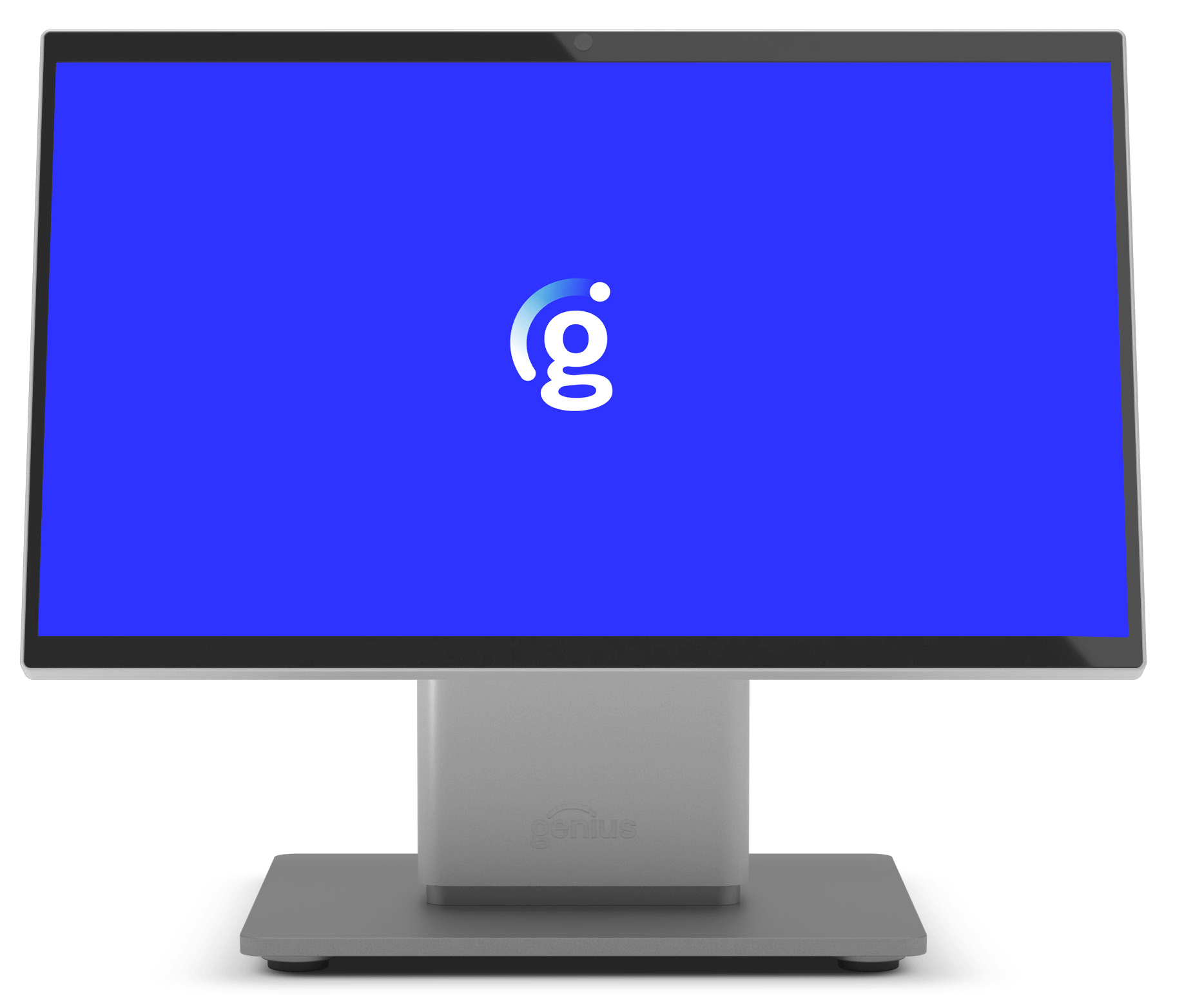 Computer monitor displaying a blue background with a stylized "g" logo. Highlights a tech brand or application, emphasizing modern design.
