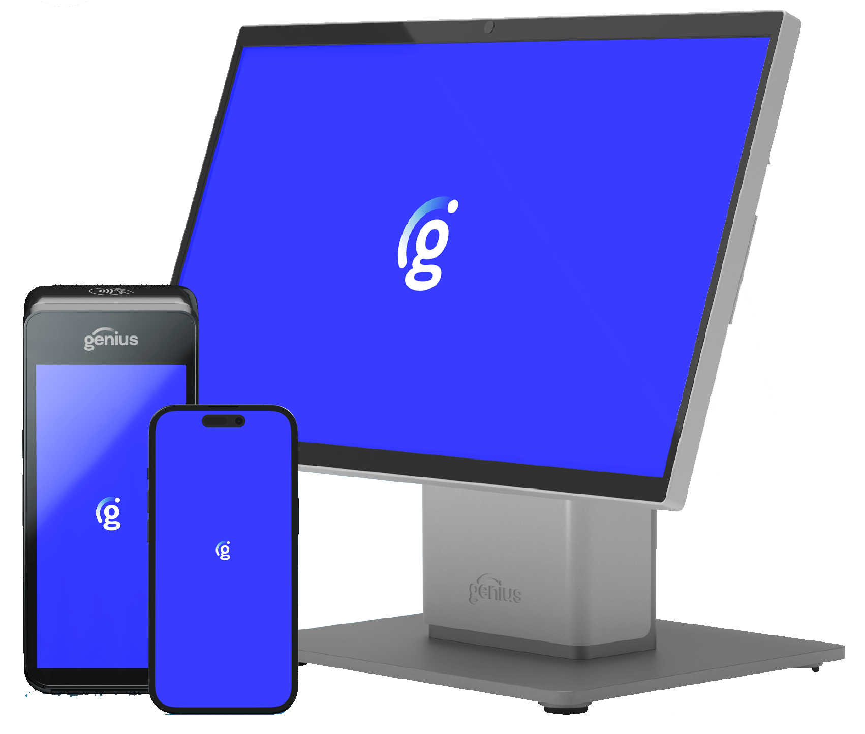 Three devices displaying the Genius logo: a large monitor and two smartphones. Represents an integrated tech solution for mobile and desktop use.