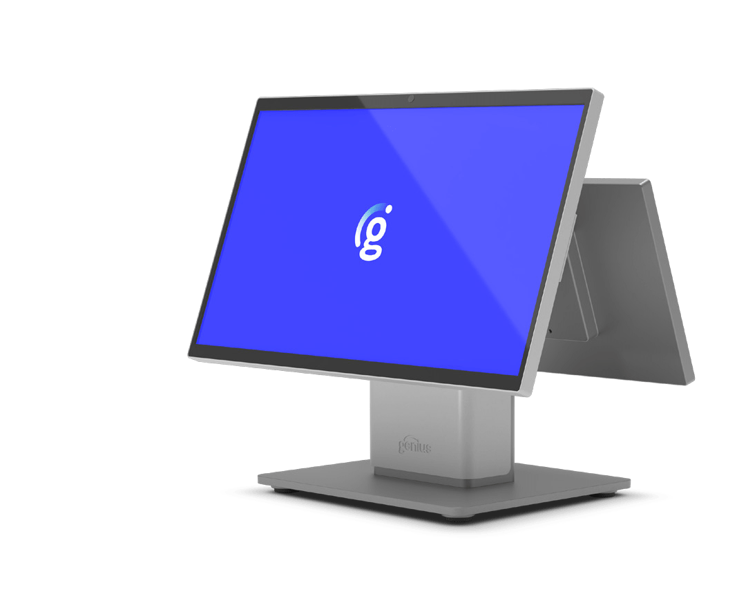 Modern touchscreen monitor with a blue background displaying a stylized letter 'g'. Ideal for point-of-sale systems or interactive displays.