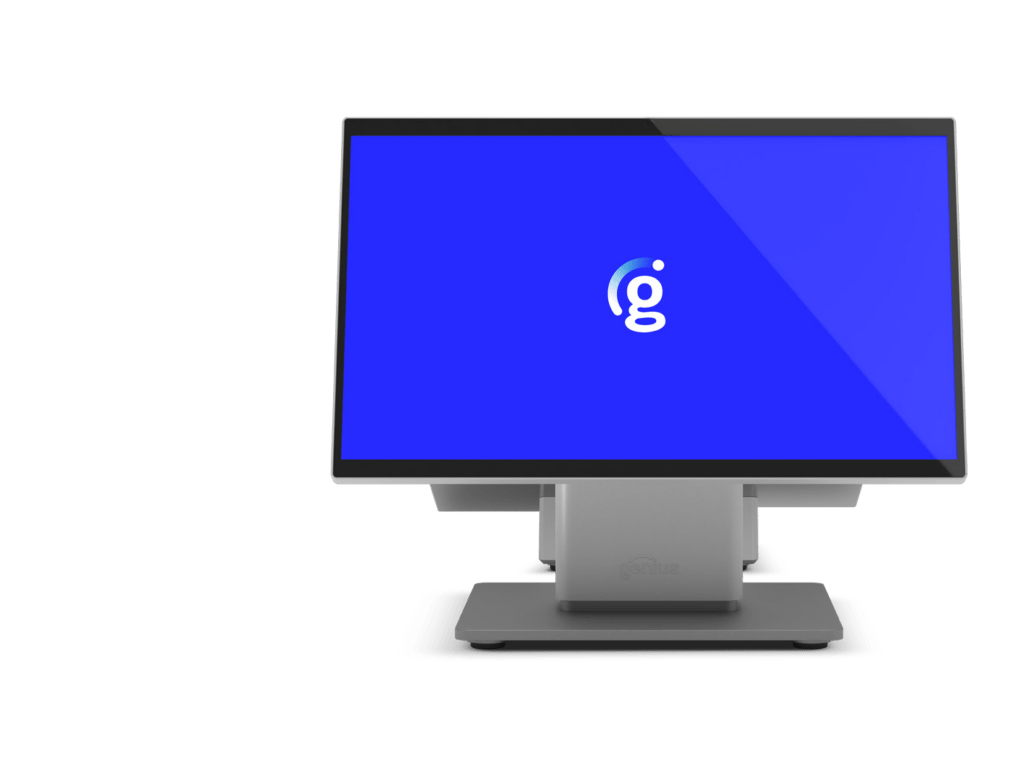 Sleek computer monitor displaying a vibrant blue screen with a stylized logo, highlighting a modern design suitable for tech-related content.