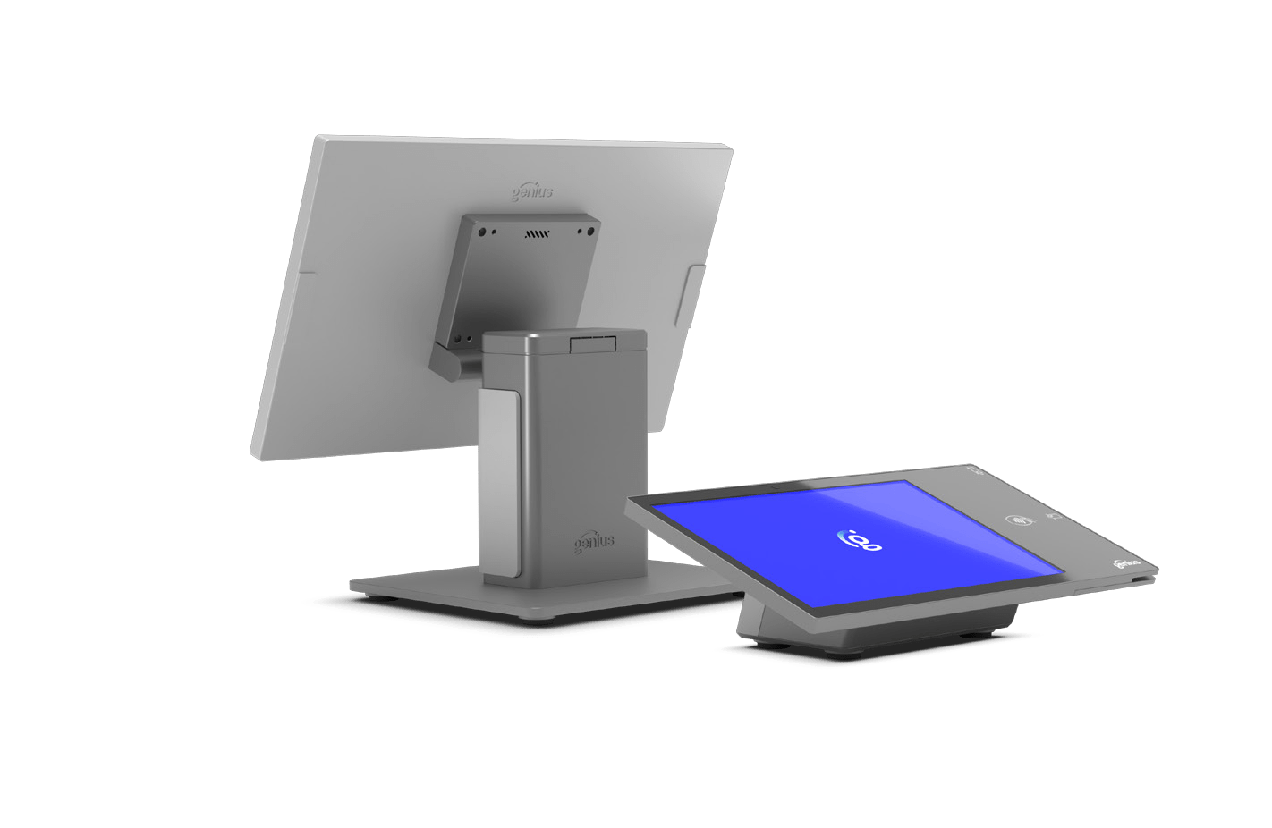 Dual touchscreen point-of-sale system with a main display and a customer-facing display, both featuring sleek, modern design for enhanced transaction efficiency.