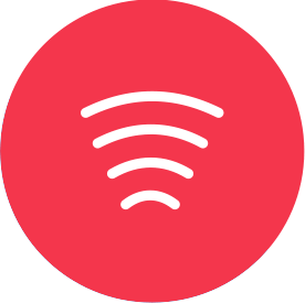 Red circular icon with three curved white lines, symbolizing wireless connectivity or broadcast signals, relevant for tech or communication content.