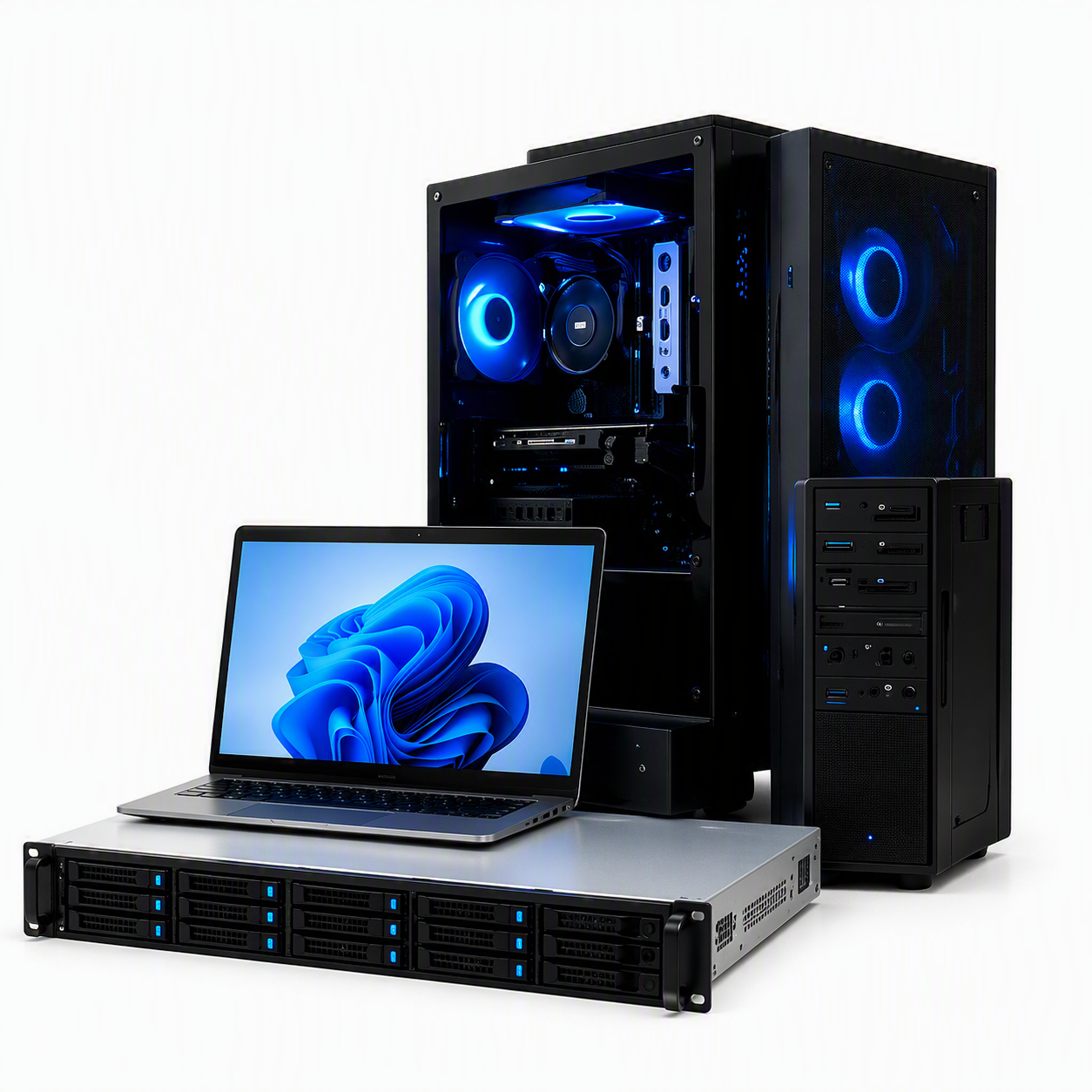 A gaming PC tower with blue LED lights, a sleek laptop, and a server rack, showcasing modern computing technology for gaming and productivity.