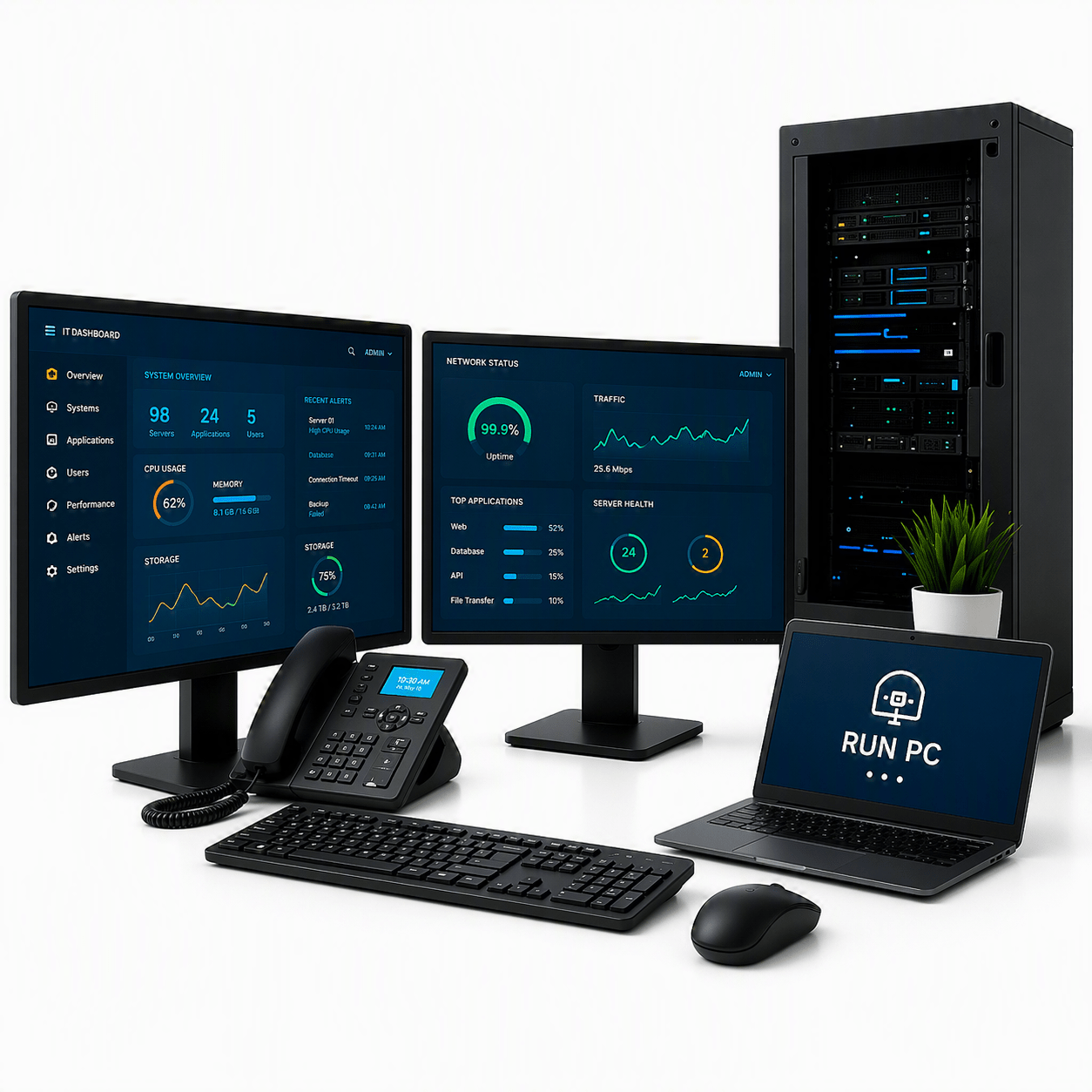Workstation setup featuring multiple monitors displaying an IT dashboard, a phone, keyboard, and a laptop. A server rack is visible behind.