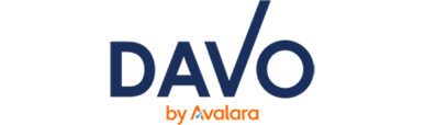 Davo logo by Avalara, featuring bold blue lettering with an orange accent. Represents a tax compliance solution for businesses.