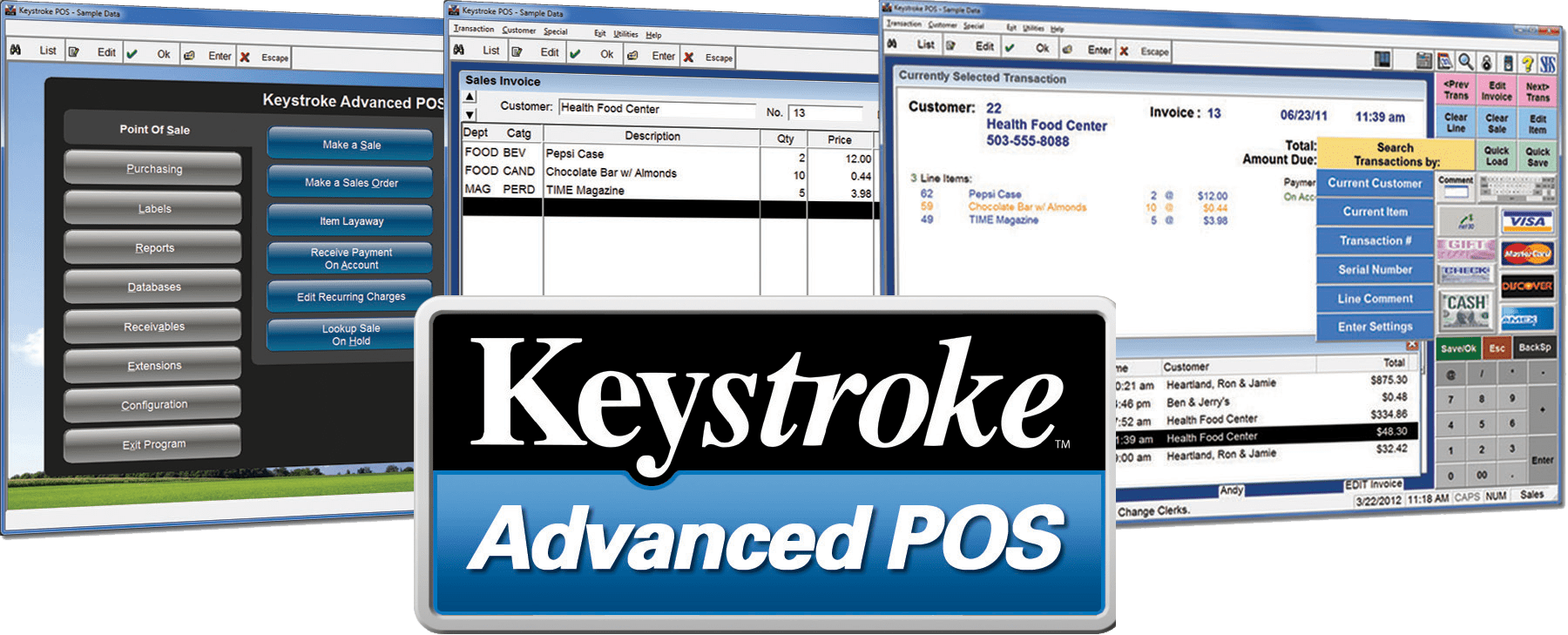 Keystroke Advanced POS software interface displaying sales transactions, customer details, and system navigation options for point-of-sale management.