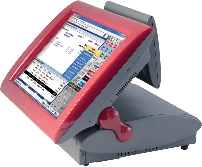 Commercial touchscreen point-of-sale system with a vibrant red display showing menu options. Ideal for retail and hospitality environments.