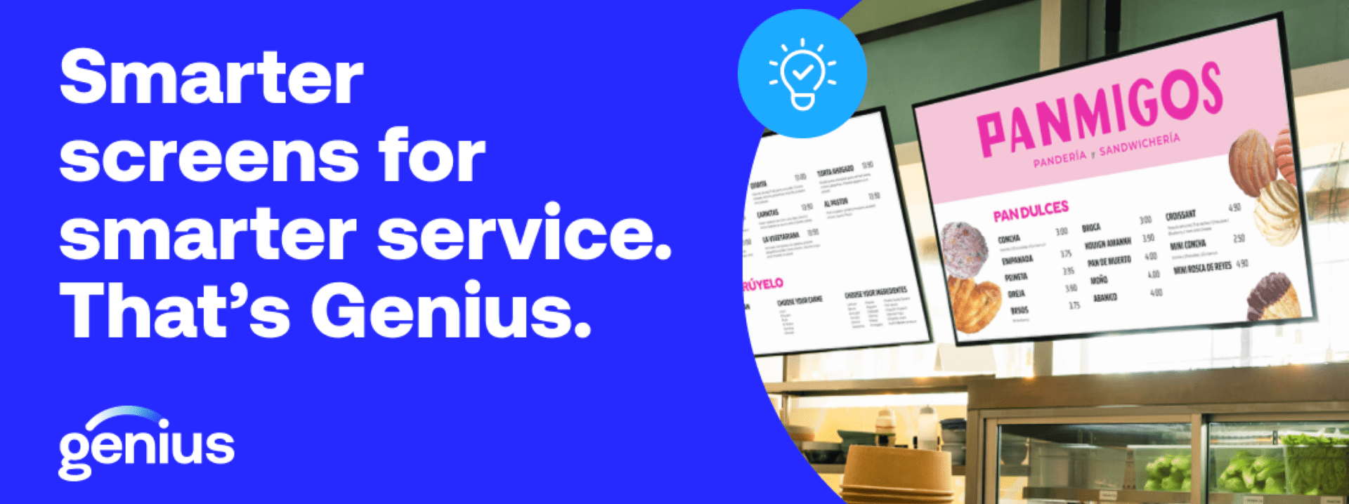 Digital menu board displaying "PANMIGOS" bakery and sandwich shop offerings, emphasizing smarter service solutions by Genius.