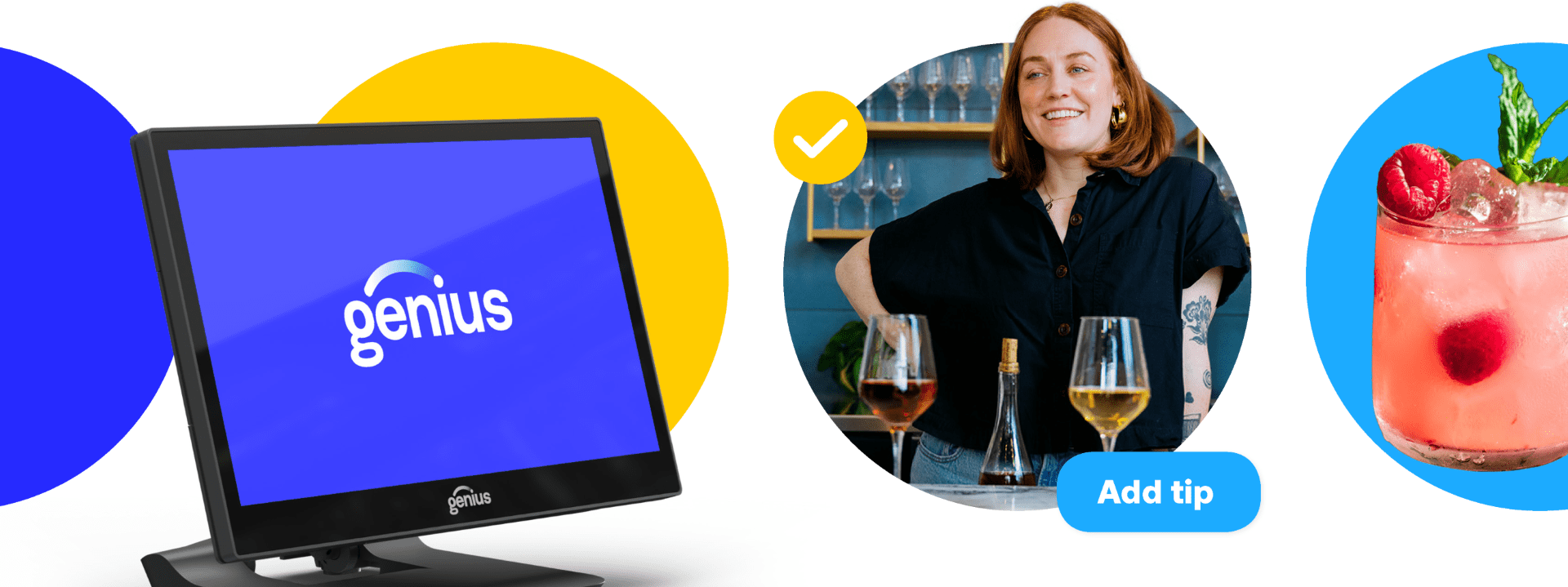 A bartender smiles while standing next to a monitor displaying the "Genius" logo and drinks. The image promotes tipping options for patrons.