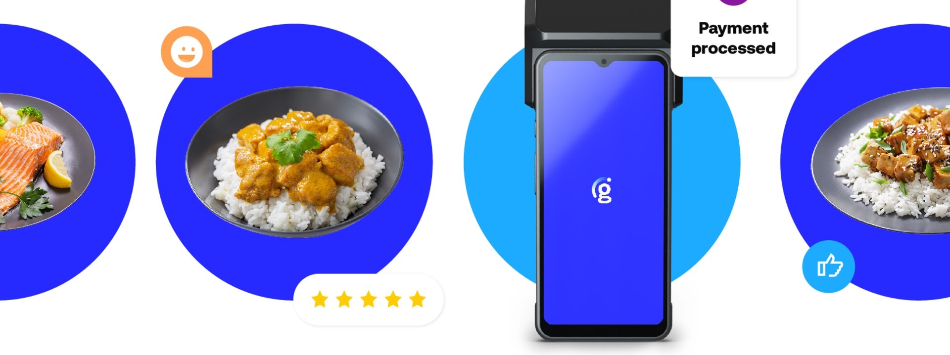 Three delicious dishes—salmon with lemon, curry chicken on rice, and teriyaki chicken—alongside a payment device indicating a processed transaction.
