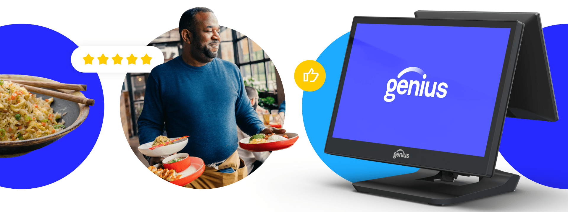 A smiling man in a blue shirt serves dishes of food while a digital screen displays the "genius" brand, highlighting restaurant service and technology.