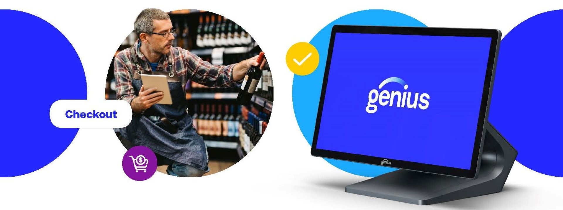 A retail worker uses a tablet while selecting a wine bottle in a store. Nearby, a checkout screen displays the "genius" logo, emphasizing a streamlined checkout process.