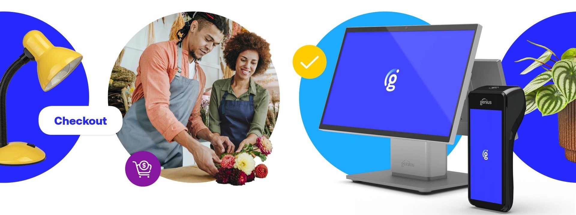 Two people collaboratively arranging flowers in a shop, alongside a bright yellow lamp and a digital checkout setup, showcasing a friendly retail environment.