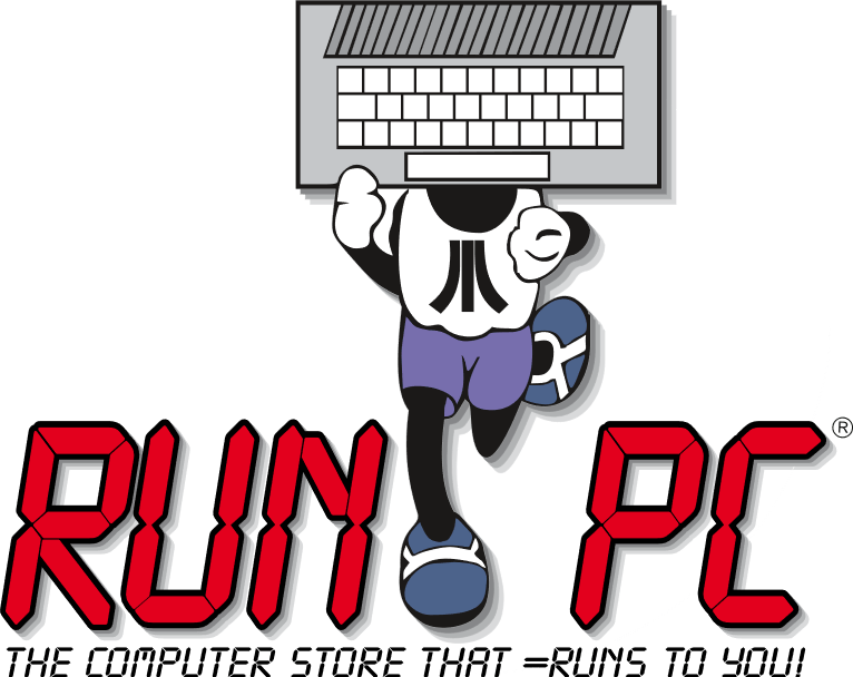 A cartoon character with a computer keyboard for a head runs energetically, promoting the text "RUN PC" in bold red letters.