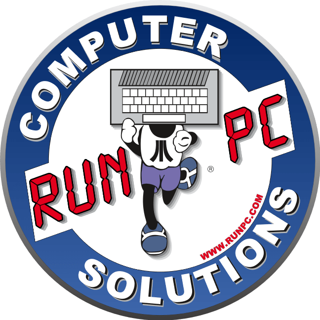 Logo for Run PC Computer Solutions, featuring a cartoon character running with a keyboard as its head, symbolizing tech support and services.