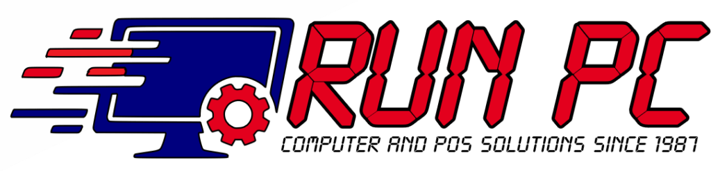 Logo for "RUN PC," featuring a sleek computer monitor with motion lines, symbolizing speed and efficiency in computing services.